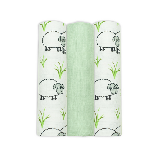 Set Of Three Sheep Themed Patterned Organic Cotton Muslin Squares