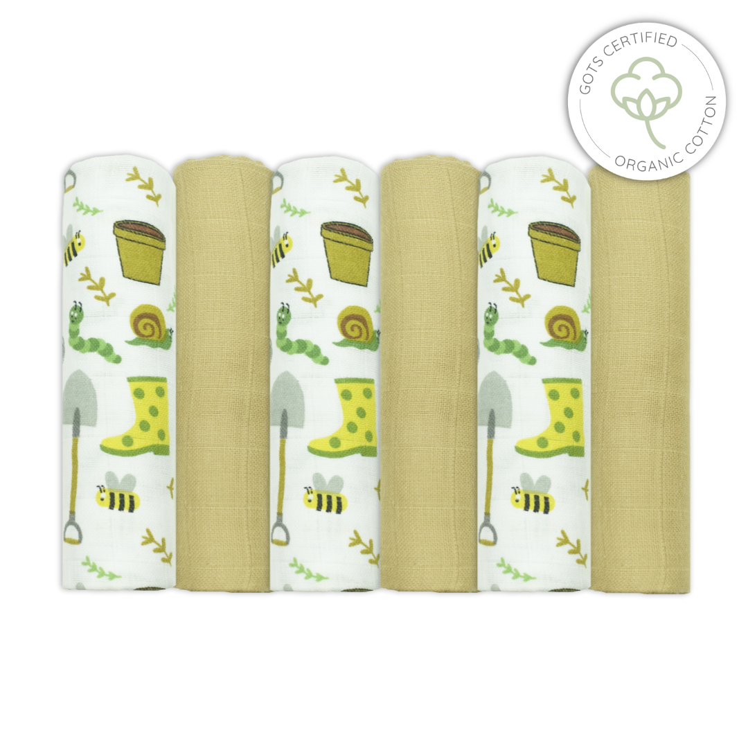 Set of five fabric swatches with garden-themed patterns on a white background, featuring GOTS certified organic cotton label.