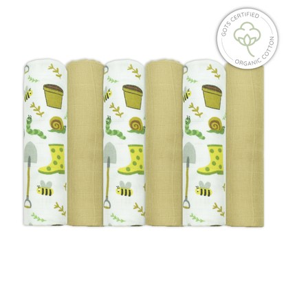 Set of five fabric swatches with garden-themed patterns on a white background, featuring GOTS certified organic cotton label.