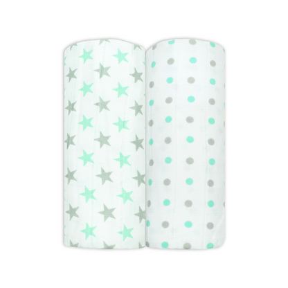 Set of Two Mint Patterned Cotton Muslin Swaddles