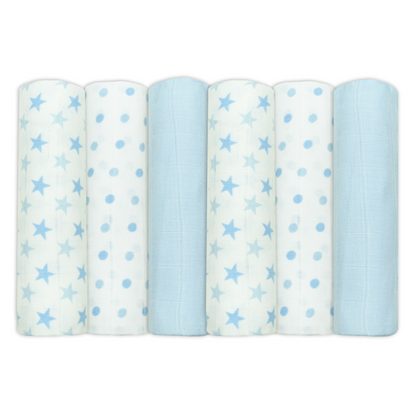 Set of Six Blue Patterned Cotton Muslin Squares