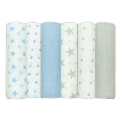 Set of Six Blue And Grey Patterned Cotton Muslin Squares