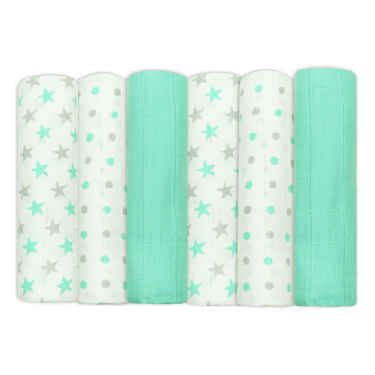 Set of Six Mint Patterned Cotton Muslin Squares