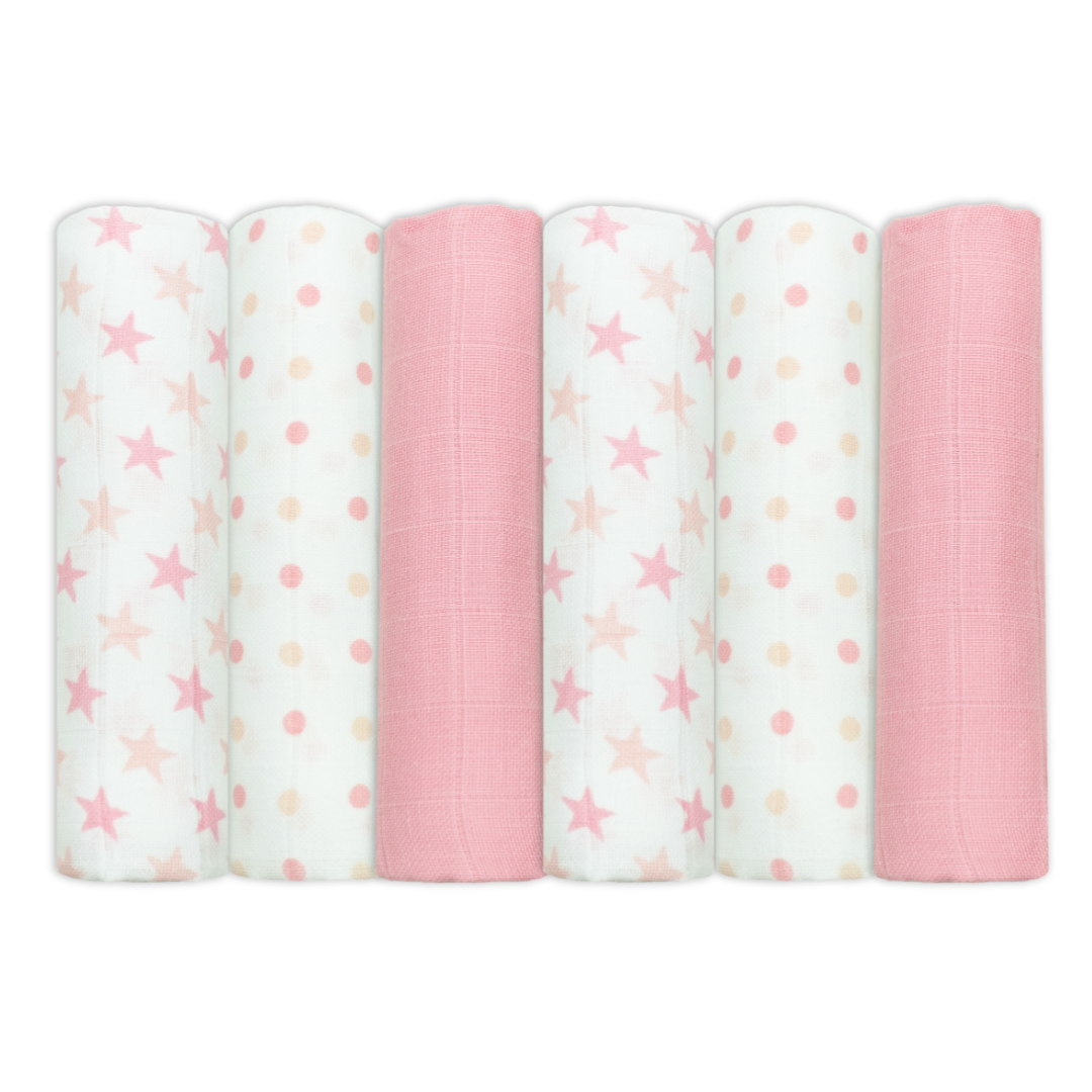 Set of Six Pink Patterned Cotton Muslin Squares