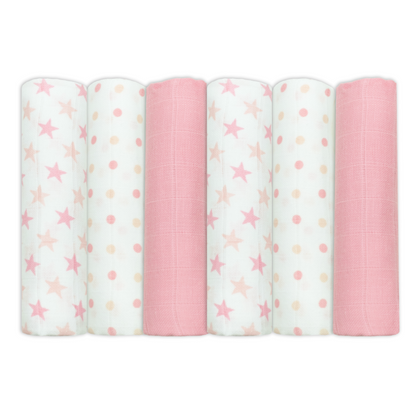 Set of Six Pink Patterned Cotton Muslin Squares