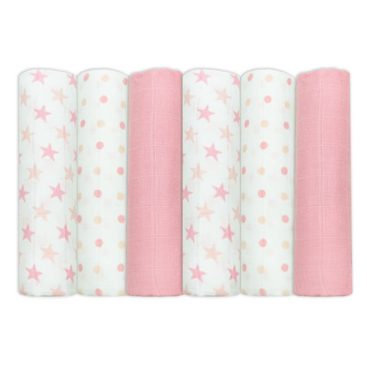 Set of Six Pink Patterned Cotton Muslin Squares