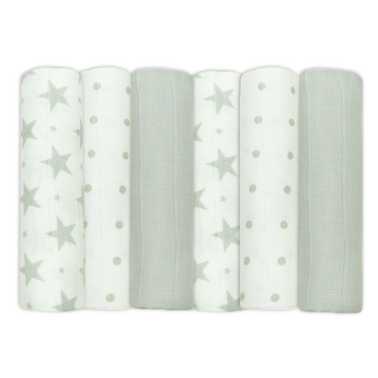 Set of Six Grey Patterned Cotton Muslin Squares