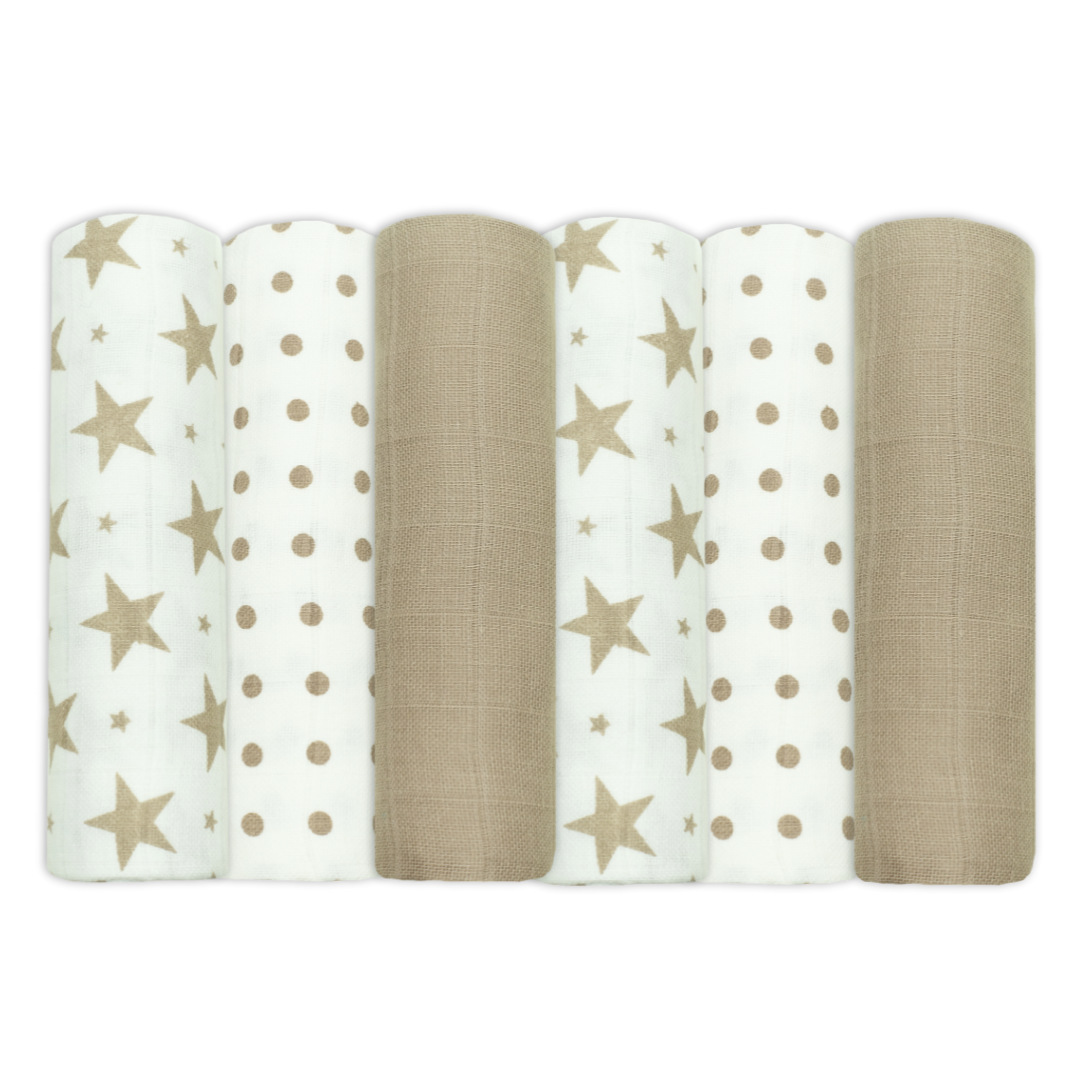 Set of Six Taupe Patterned Cotton Muslin Squares