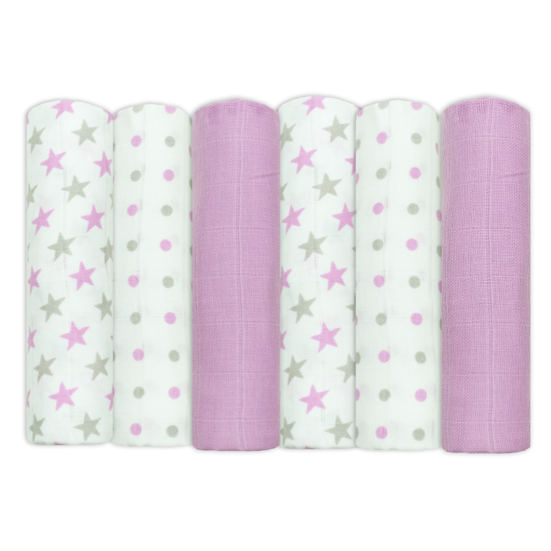 Set of Six Violet Patterned Cotton Muslin Squares