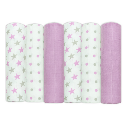 Set of Six Violet Patterned Cotton Muslin Squares